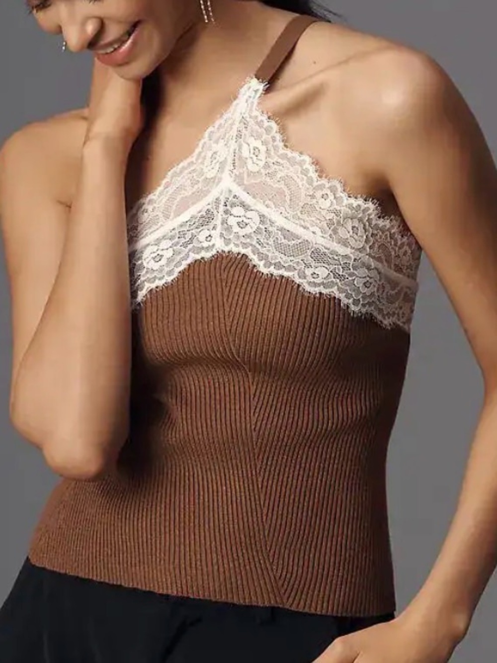 NWT Anthropologie Brown Ribbed Lace-Trim Camisole with Cream Lace Size XL